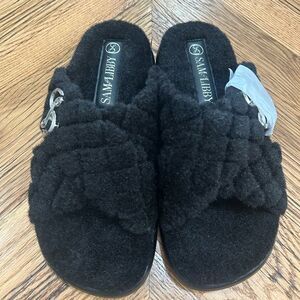 Sam & Libby Fern Black Shearling Logo Slip-On Sandals Slides Women’s Size 9 New
